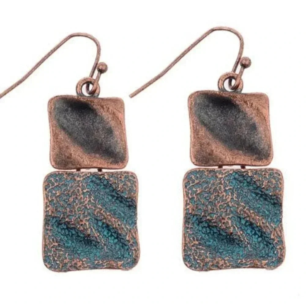 Antique Copper Patina Two Square Geometric Verdigris Drop Earrings 34$